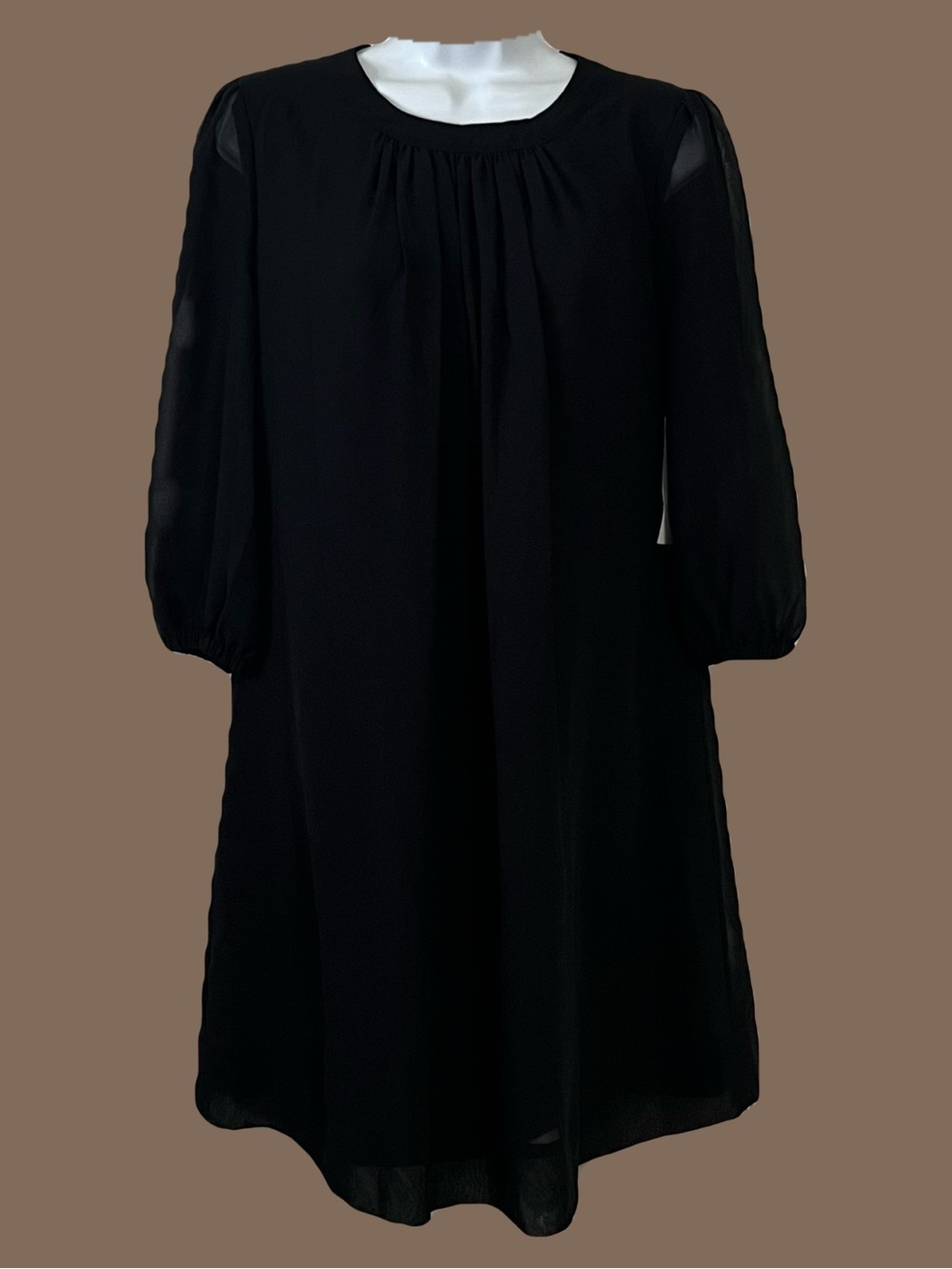 New York & Company Black Midi Shift Dress with Sheer Sleeves